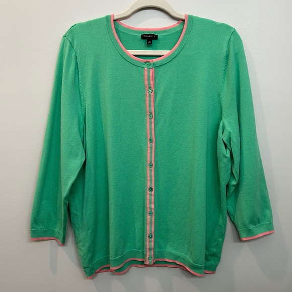 Talbots Sweaters - Talbots Charming Button Cardigan Green With Pink Trim Details Size XL